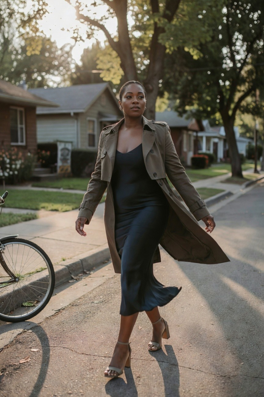 Trench Coat Over Black Midi Dress