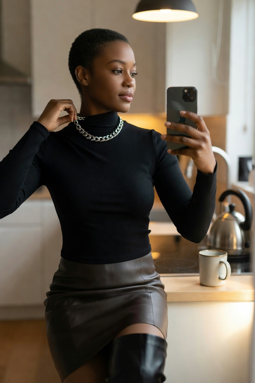 Turtleneck Top With Leather Skirt And Boots