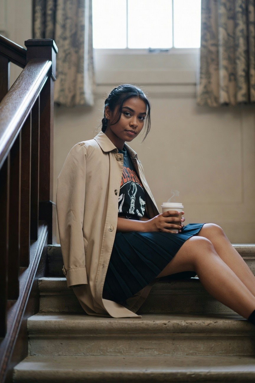 Beige Jacket Layered With Graphic Tee And Pleated Skirt
