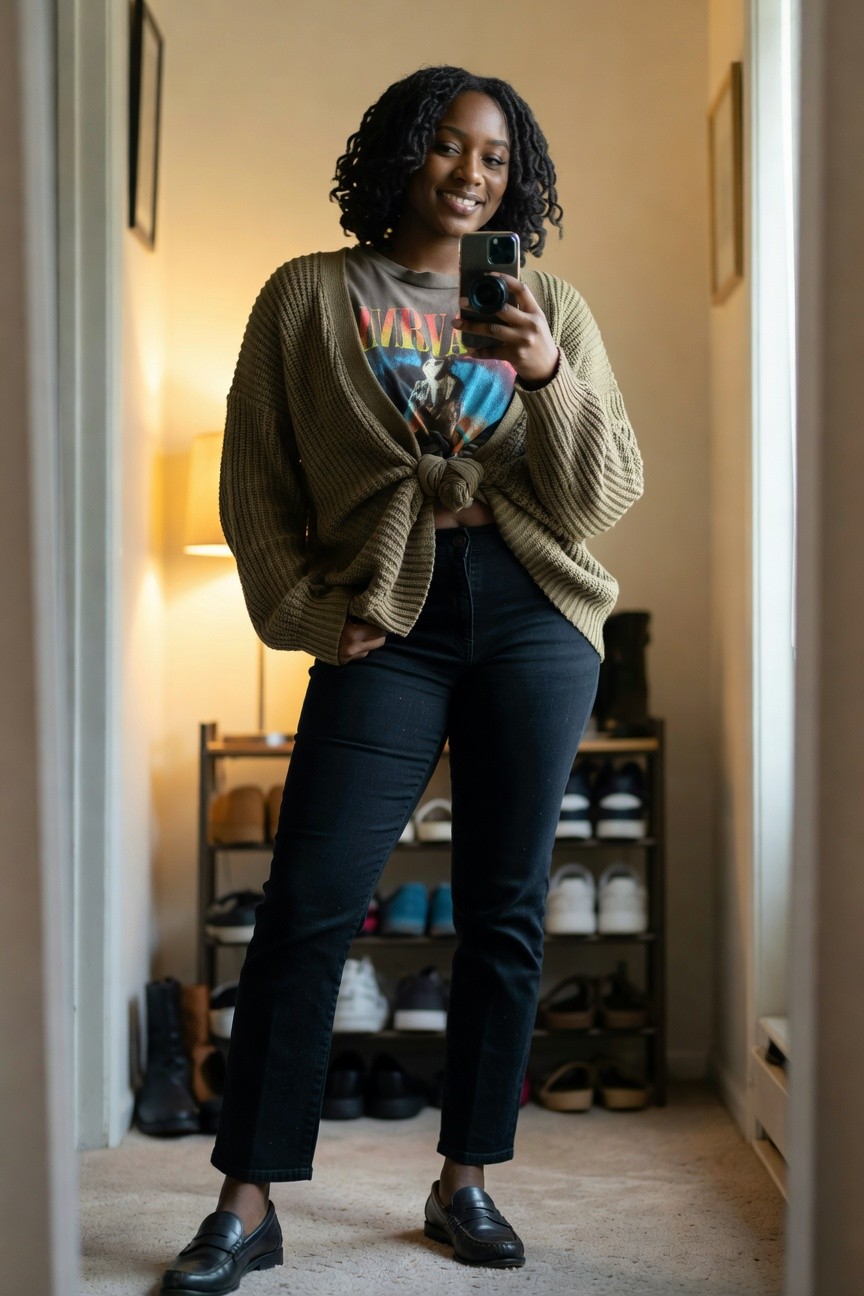 Cardigan Tied Over Tee And Jeans