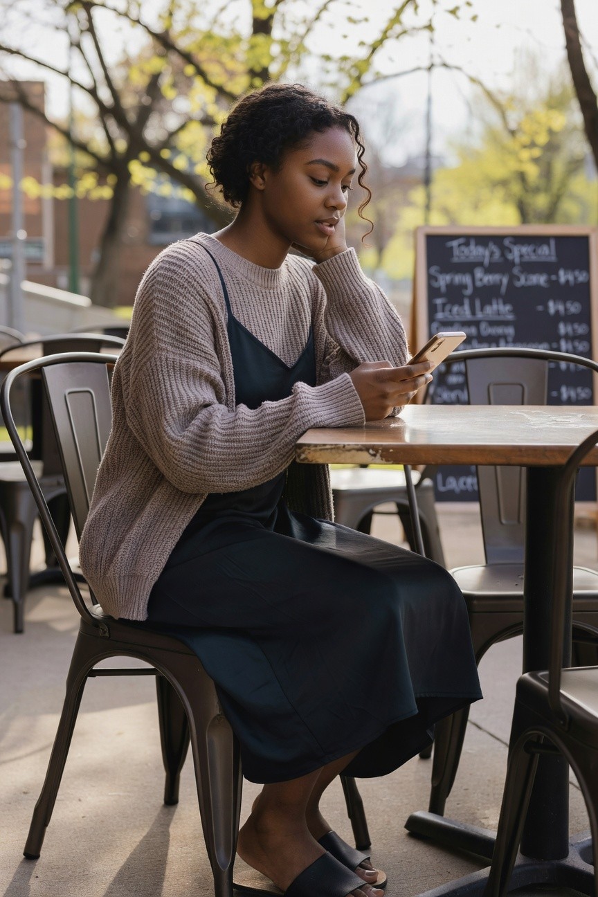 Chunky Cardigan Over Slip Dress
