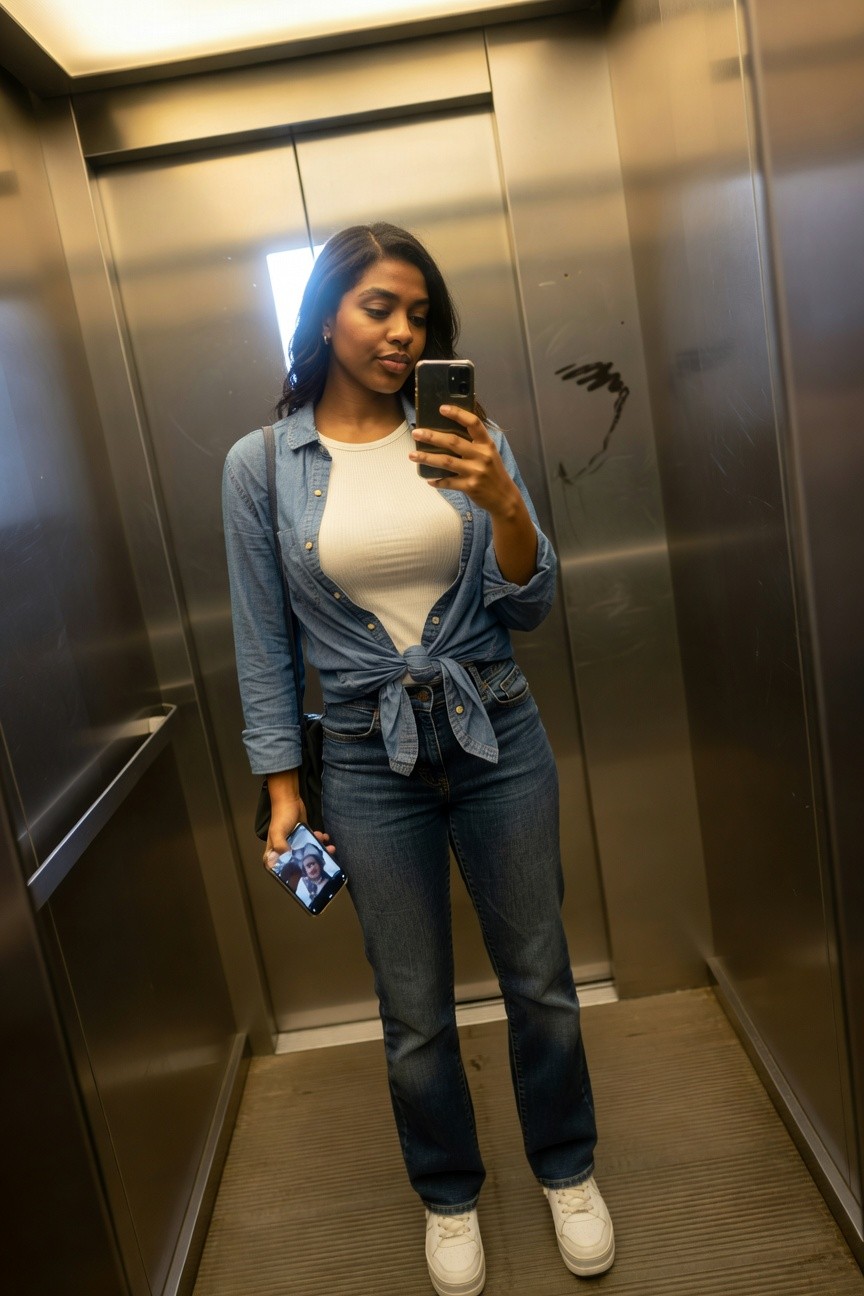Denim Shirt Tied Over A Basic Top And Jeans