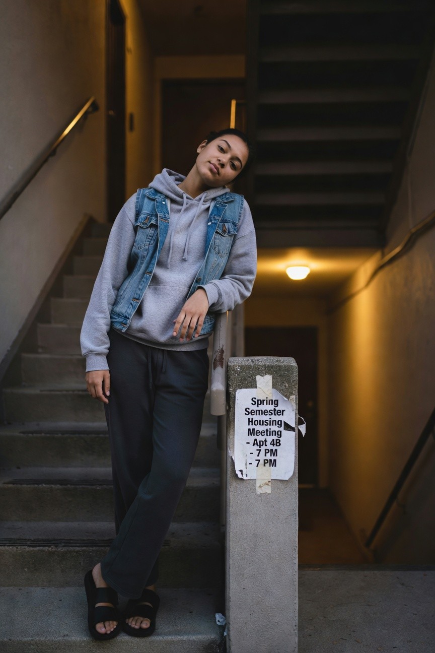 Gray Hoodie Layered With Denim Vest