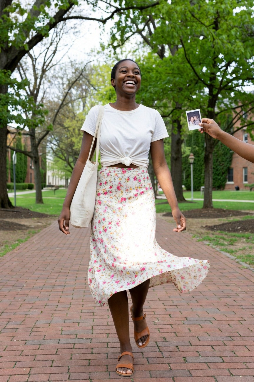 Knotted White Tee And Floral Print Skirt