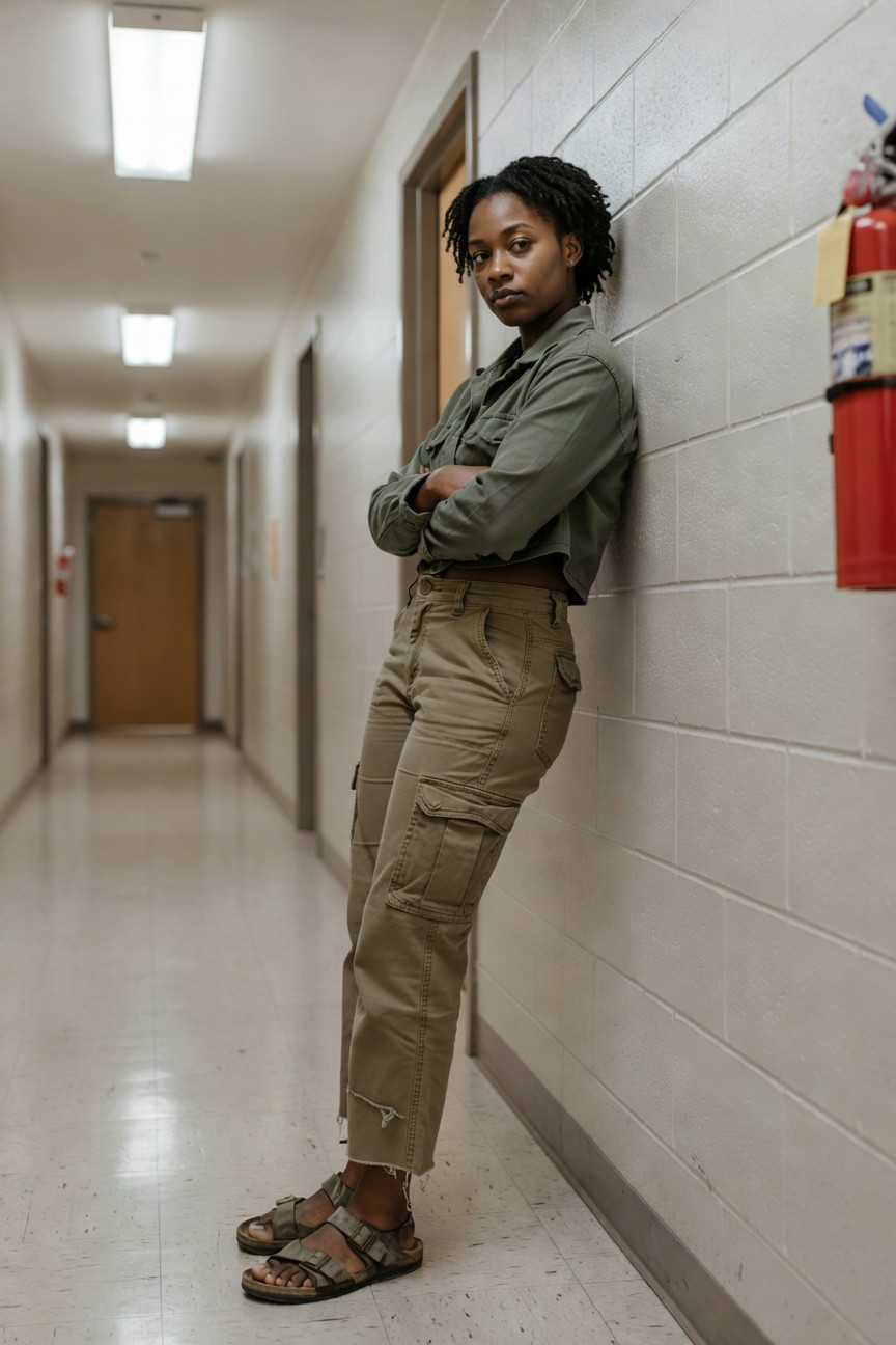 Woman in an olive green utility shirt tucked into khaki cargo pants with olive green sandals standing in a hallway.