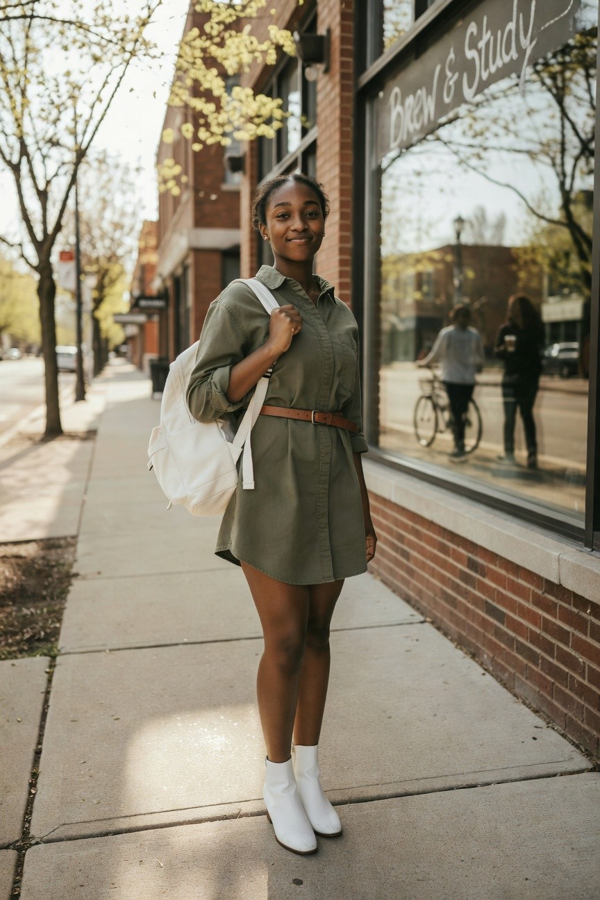 Olive Shirt Dress With Everyday Boots