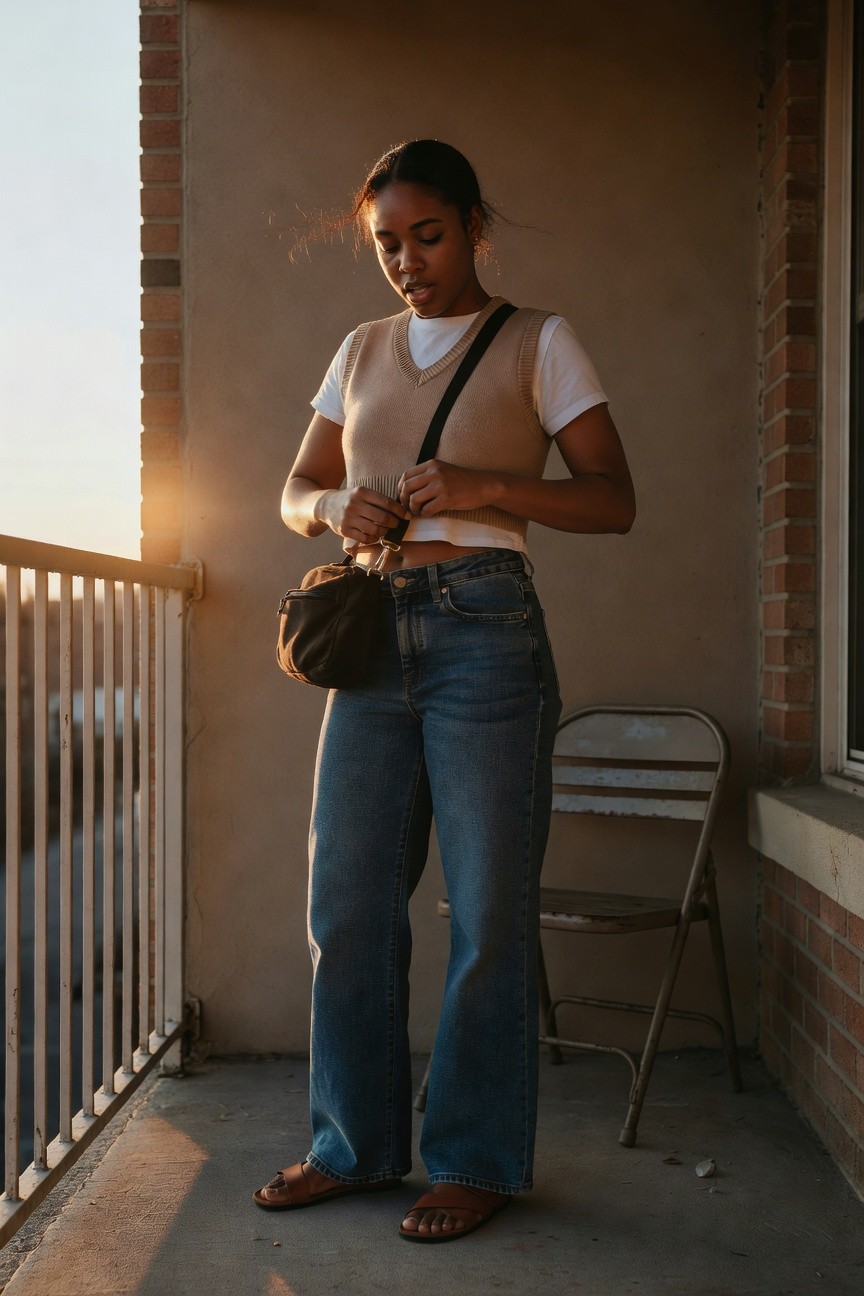 Wide Leg Jeans With A Knit Sweater Vest