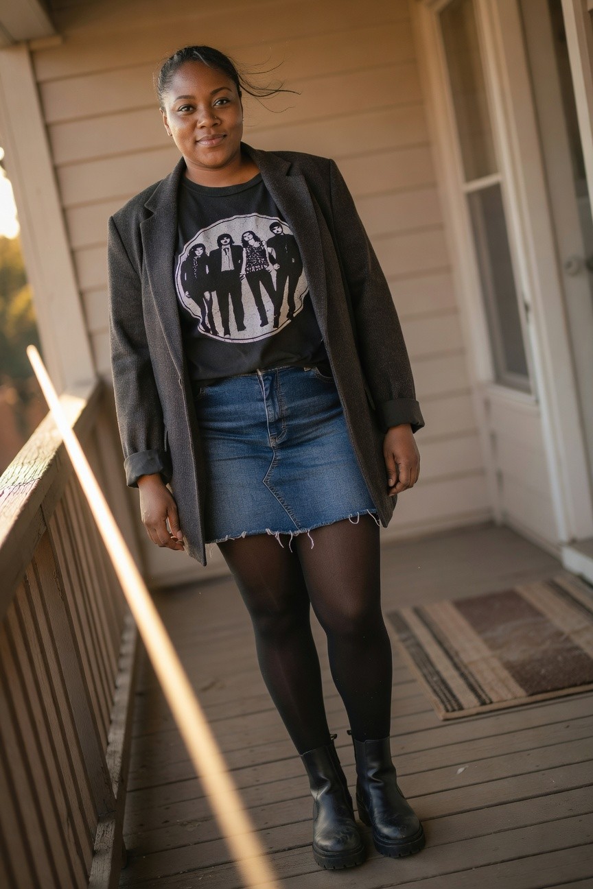 Plus size Black woman in a black graphic band tee layered under an open gray blazer, blue denim mini skirt, black tights, and black combat boots.