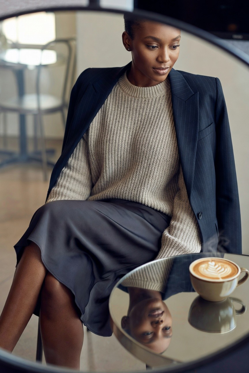 Blazer Over Sweater And Midi Skirt