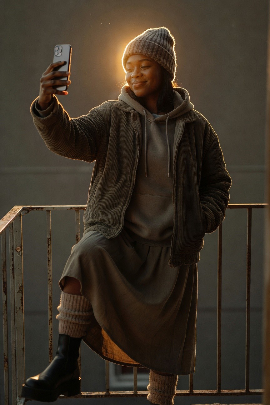 Corduroy Jacket Over Hoodie And Skirt