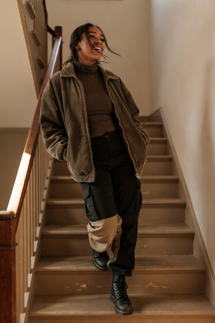 Corduroy Jacket Over Turtleneck With Cargo Pants