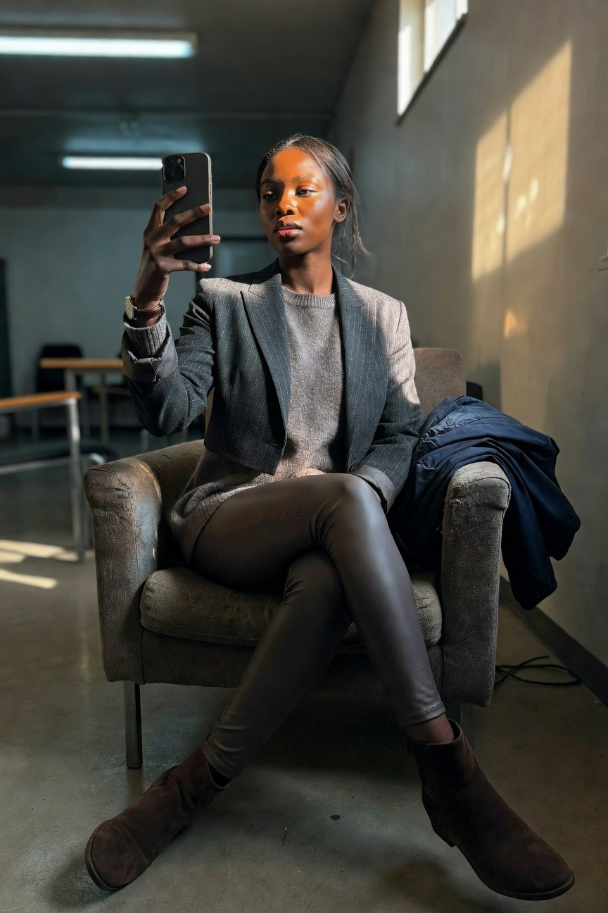 Cropped Blazer Over Sweater With Leather Pants