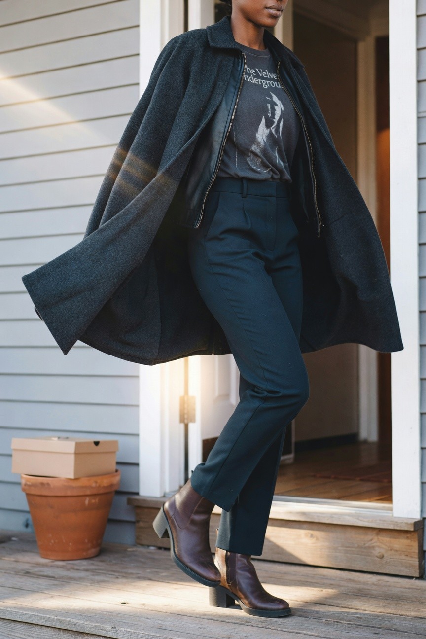 Dark Coat Over Graphic Tee And Straight Pants