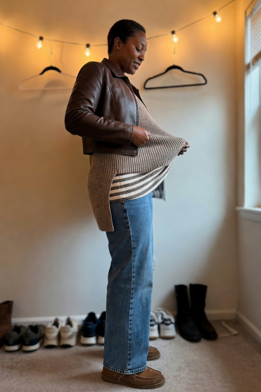 Black woman in brown cropped leather jacket layered over beige ribbed sweater with striped top underneath blue jeans and brown suede shoes standing indoors.