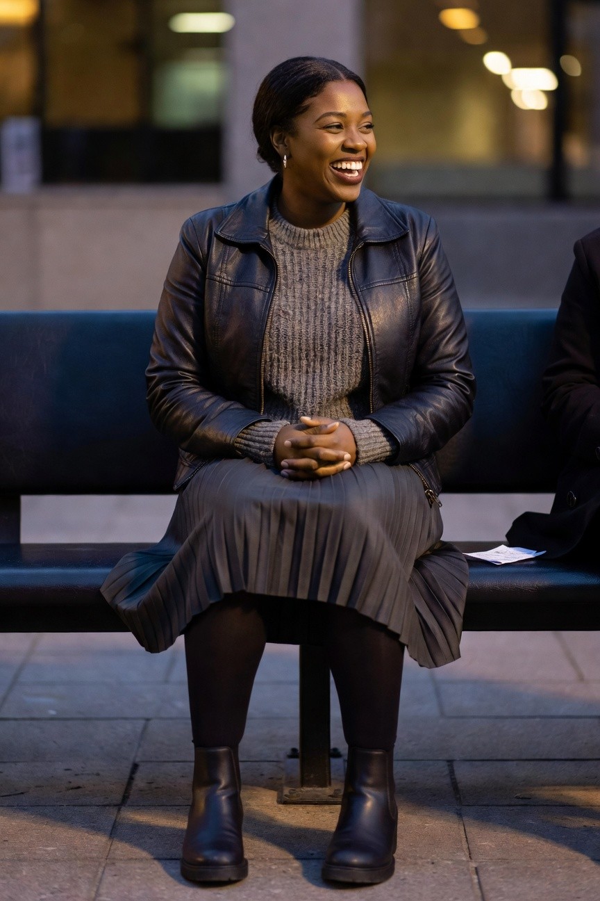 Leather Jacket Over Knit Sweater And Pleated Skirt