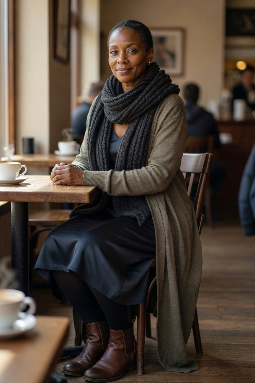 Long Cardigan And Chunky Scarf Layers