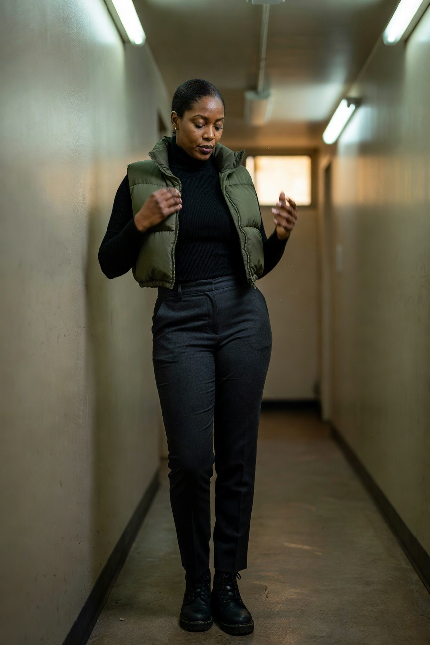 Olive Vest Over A Turtleneck And Straight Pants
