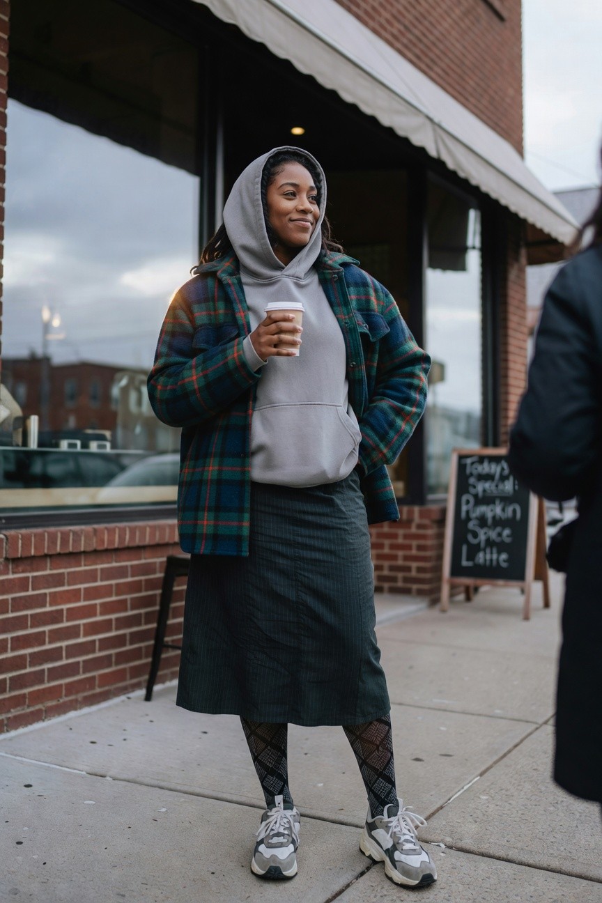 Black woman in gray hoodie under green blue and red plaid fleece shirt, dark green midi skirt, black and white patterned tights, and chunky sneakers holding a coffee cup on a sidewalk.