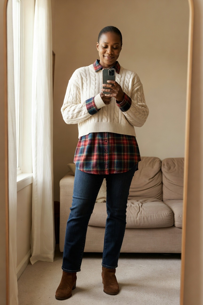 Plaid Shirt Layered Under Cream Cable Knit Sweater
