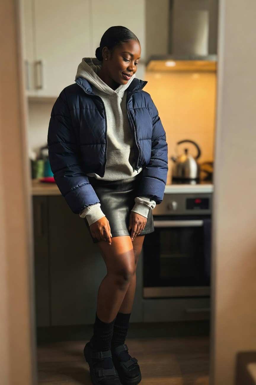Puffer Jacket Layered Over Hoodie And Leather Skirt