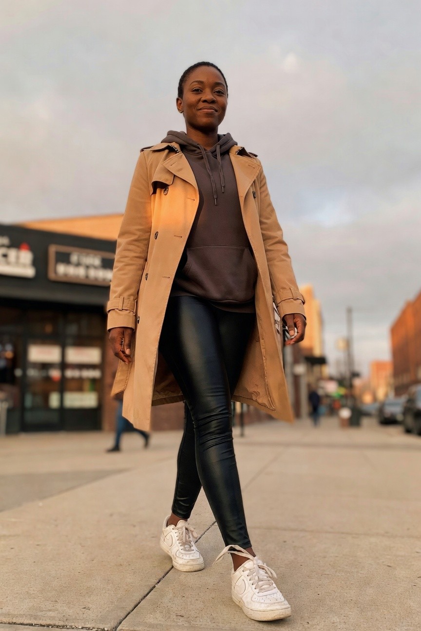 Trench Coat Over Hoodie And Leather Leggings
