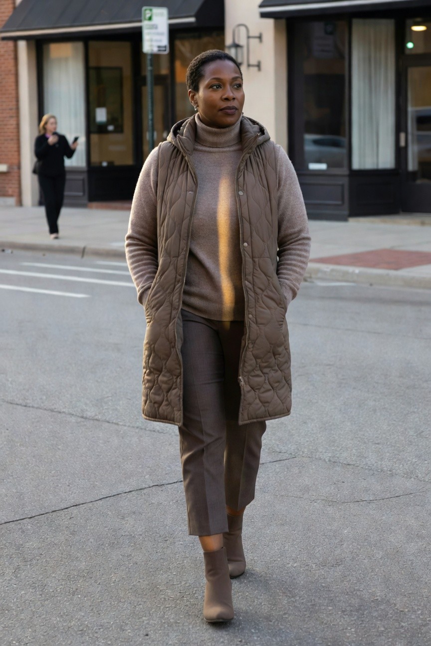 Turtleneck Sweater Layered Under A Quilted Vest