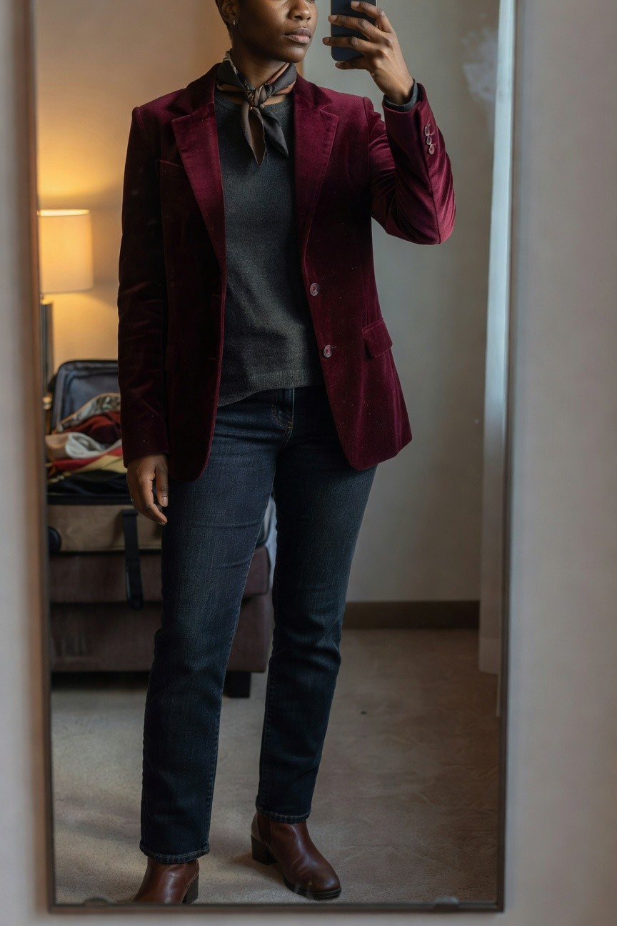 Velvet Blazer Layered Over A Sweater