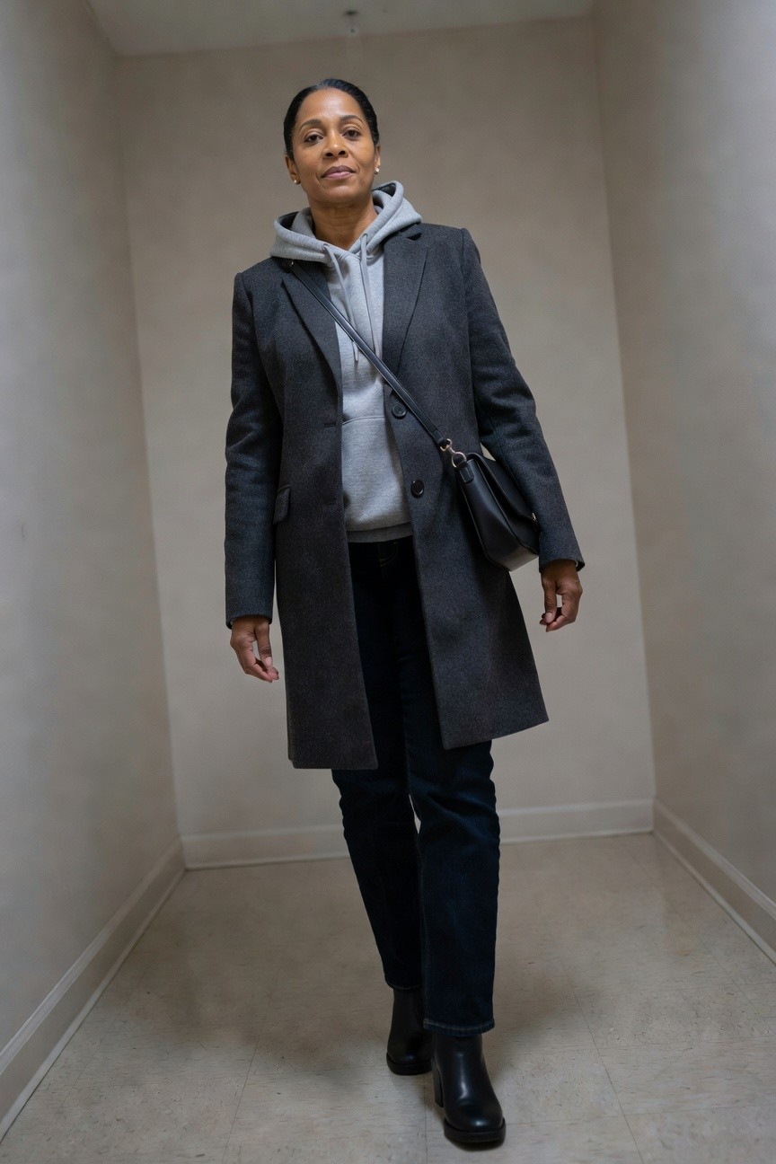 Wool Coat Layered With Hoodie And Jeans