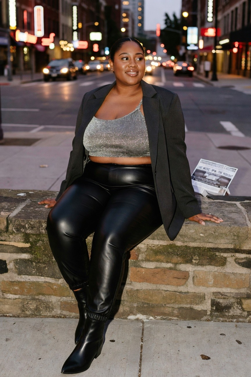 Black Blazer Layered Over Sparkly Crop Top