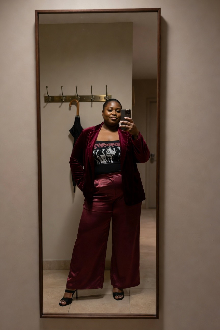 Burgundy Velvet Blazer With Wide Leg Satin Pants