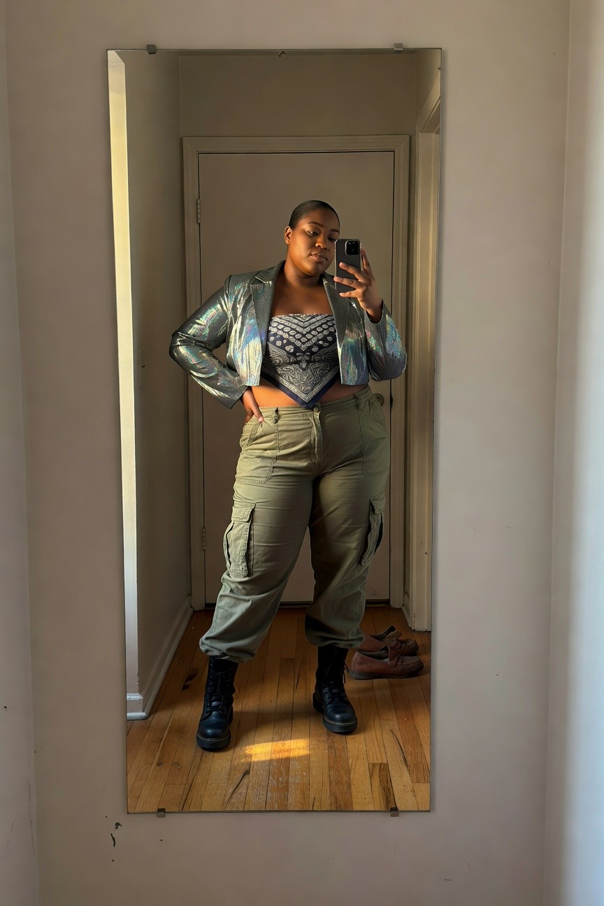 Cropped Metallic Jacket With Cargo Pants