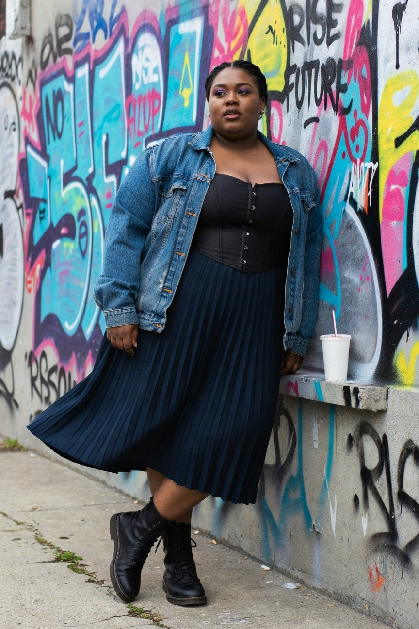 Denim Jacket Layered Over A Corset And Pleated Skirt