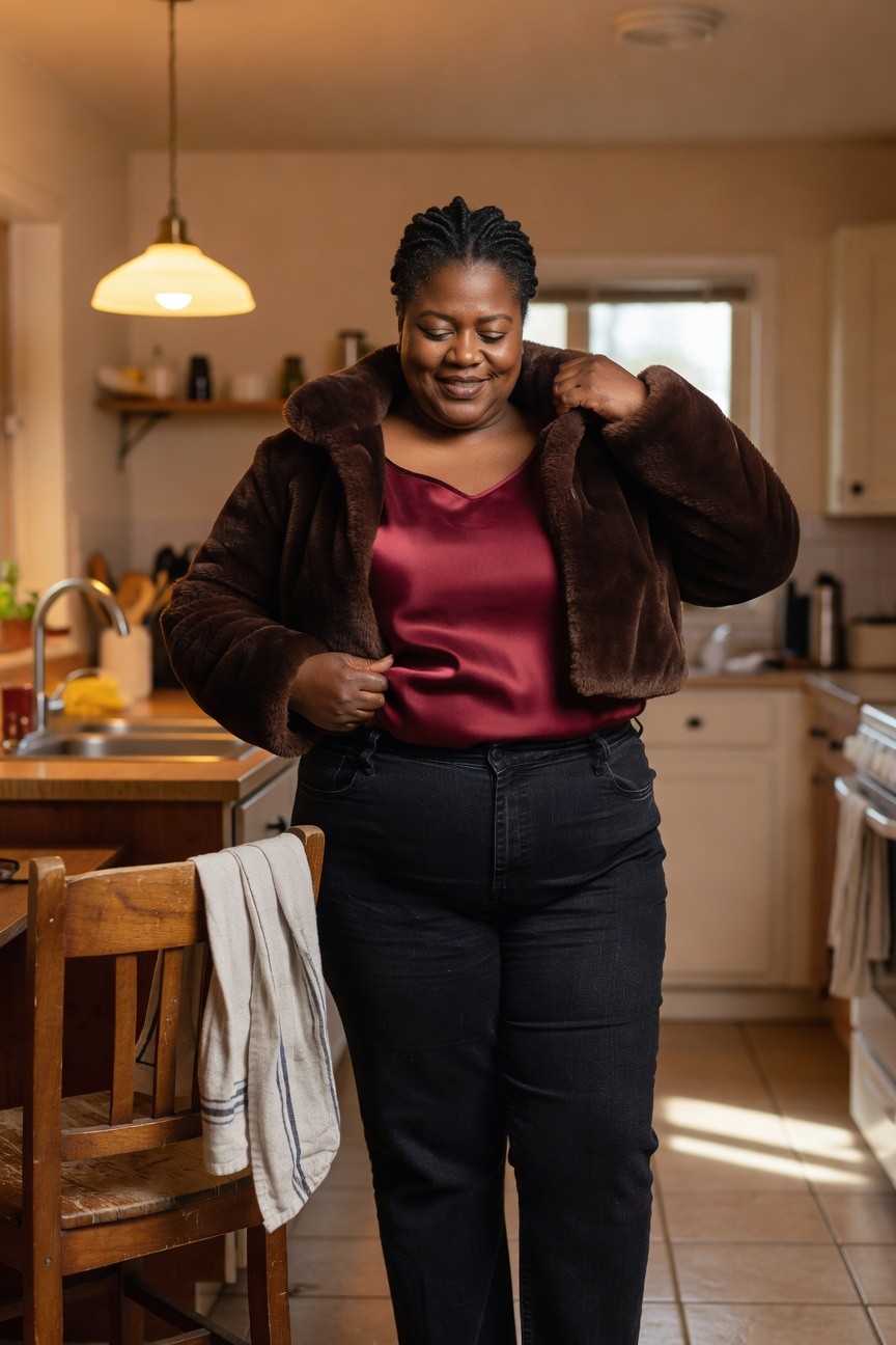 Faux Fur Jacket Over Red Satin Top And Black Jeans