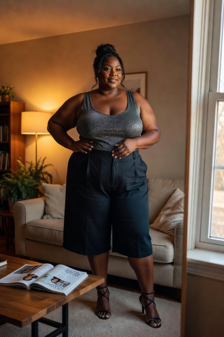 Plus size woman wearing a silver glitter tank top with black wide leg knee length shorts and black strappy heels standing in a living room.