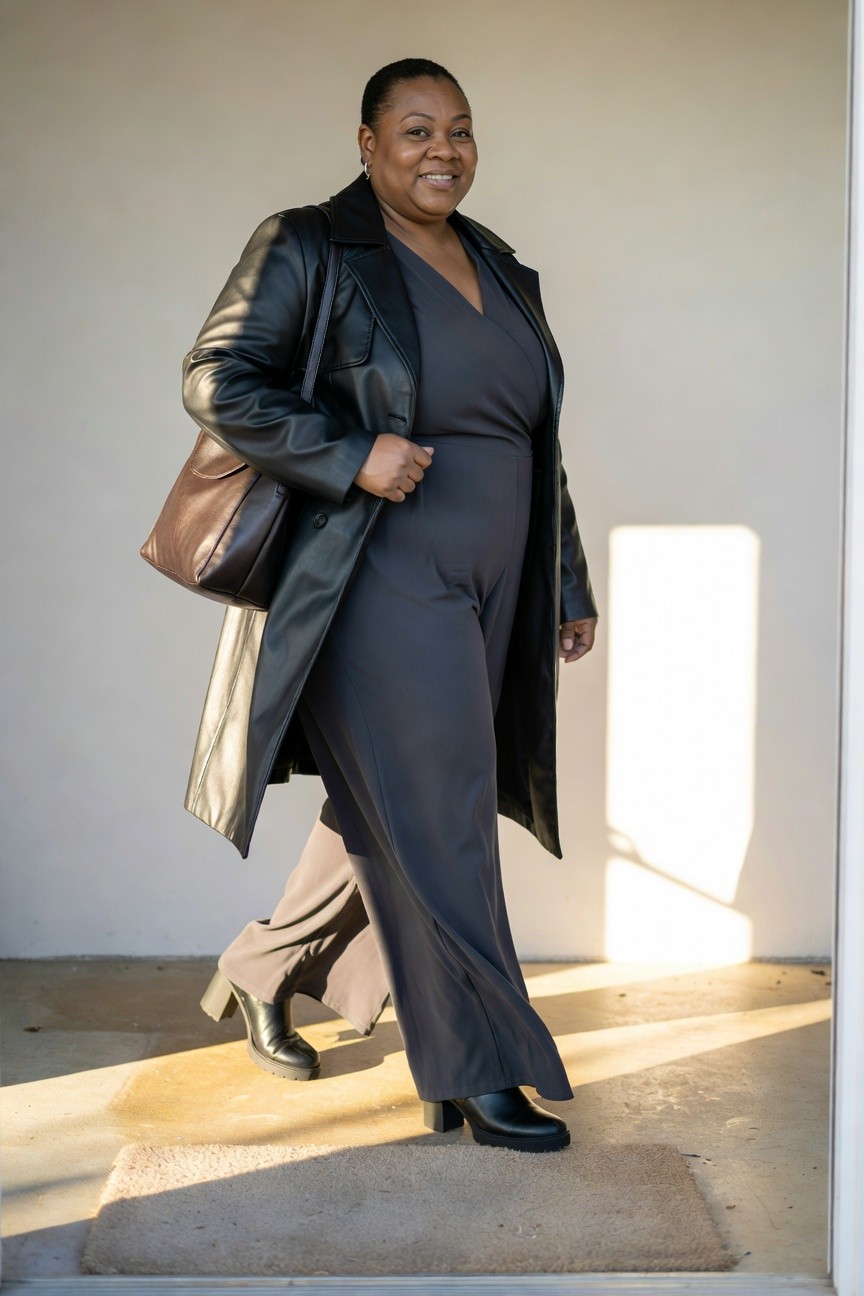 Jumpsuit Layered With Leather Jacket