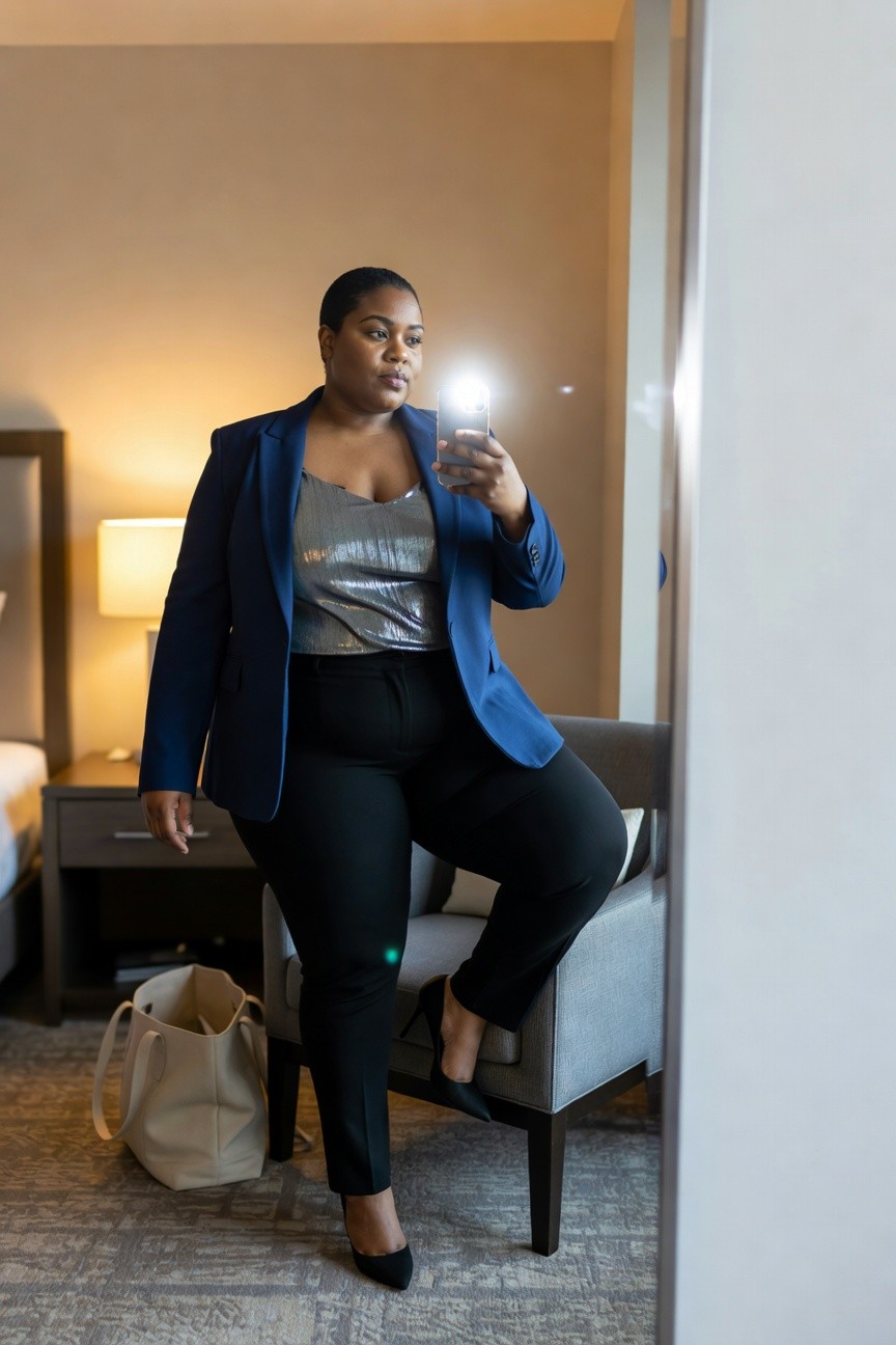 Plus size Black woman wearing a navy blazer over a silver sequin camisole with black trousers and pointed heels in a mirror selfie pose