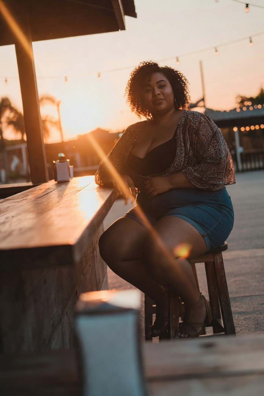 Sheer Blouse Layered Over Black Tank Paired With Denim Skirt