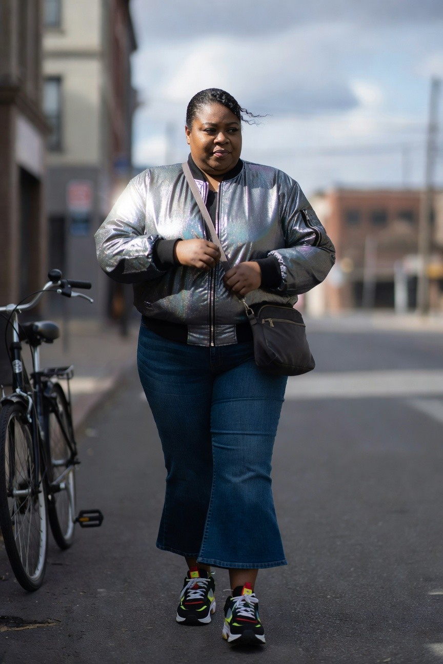 Silver Bomber Jacket Over Denim Midi Skirt