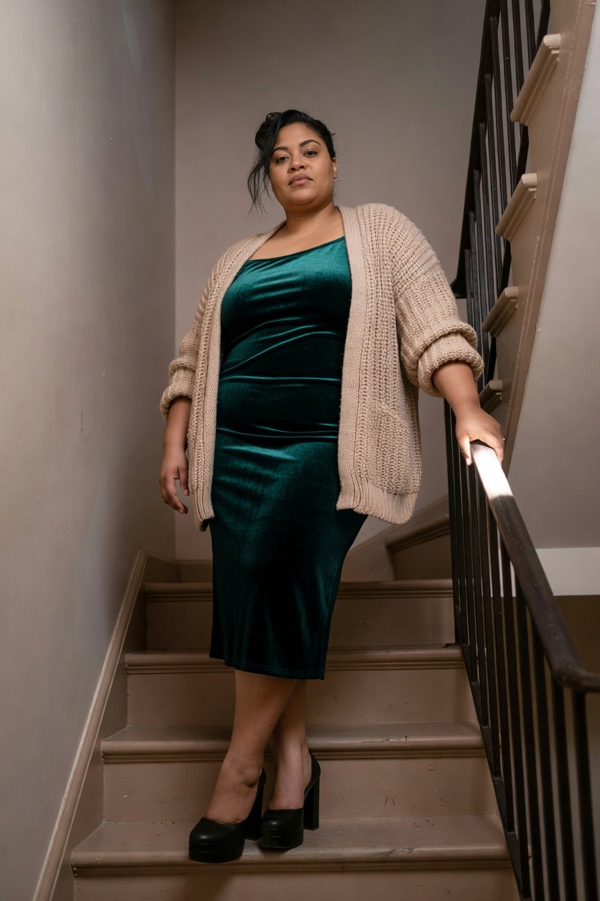 Velvet Midi Dress Layered With Chunky Knit