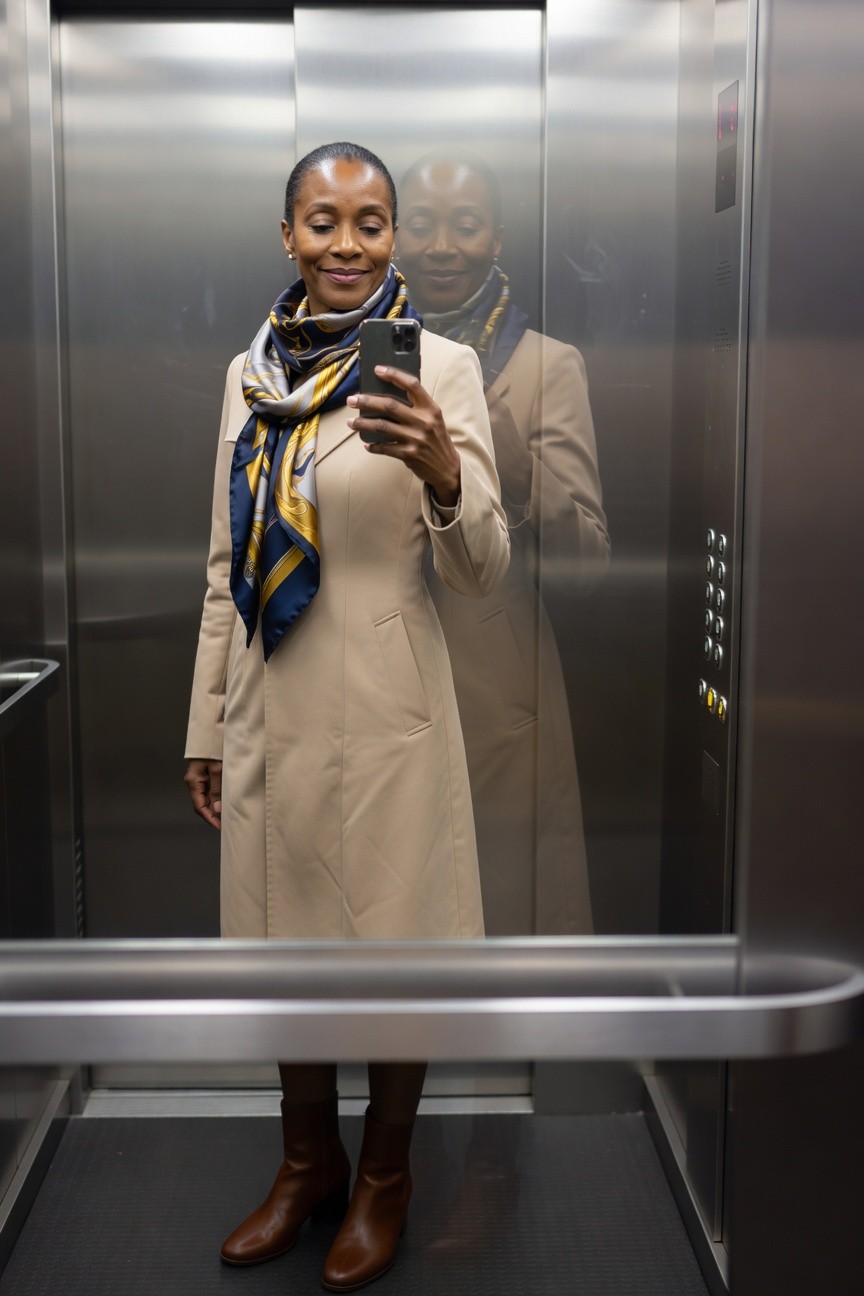 Beige Coat And Silk Scarf For Spring Travel Days