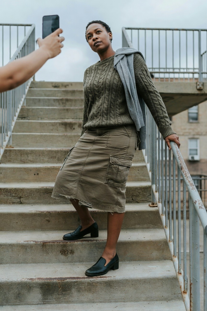 Cable Knit Sweater Over A Khaki Cargo Skirt