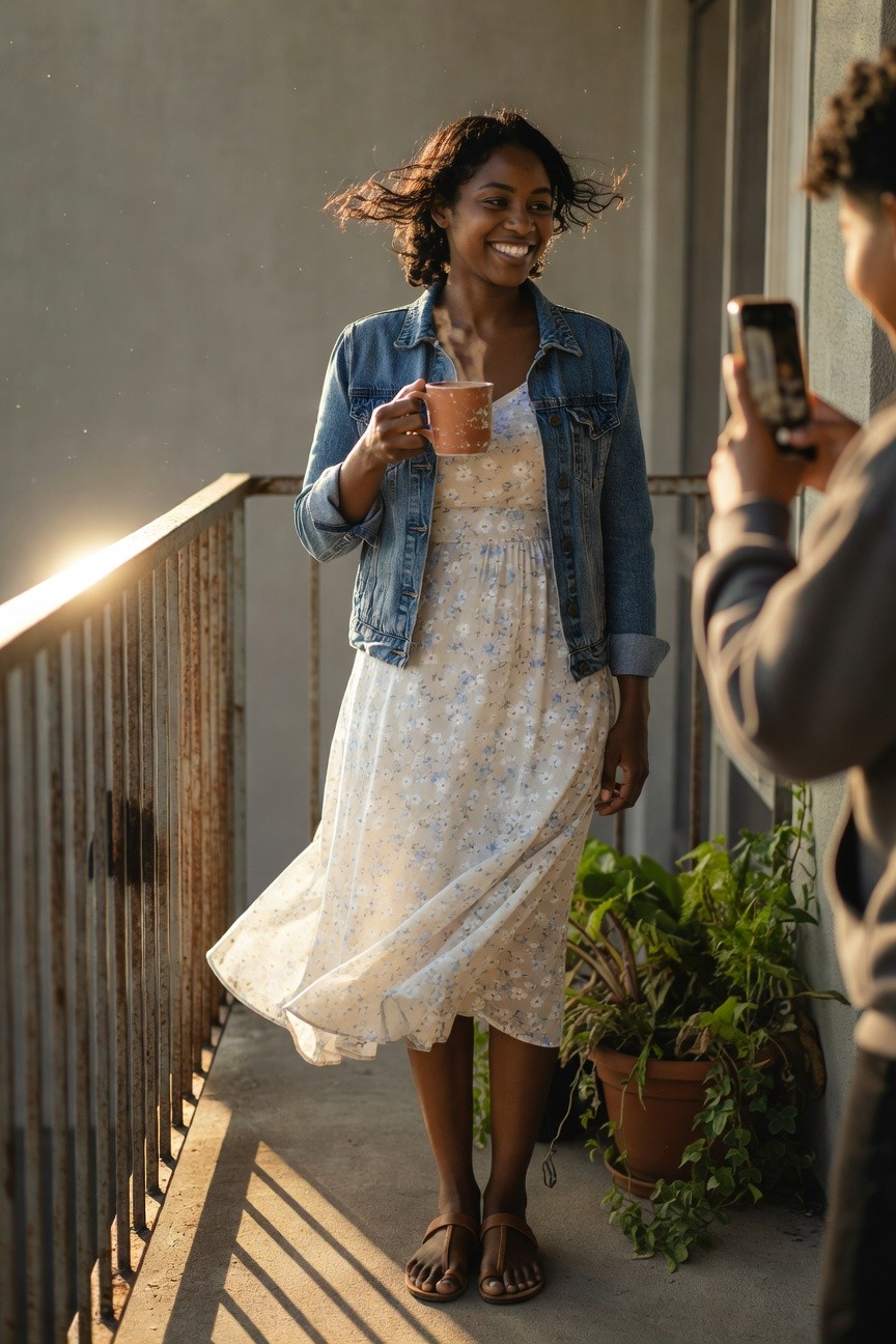 Denim Jacket Over A Floral Midi Dress