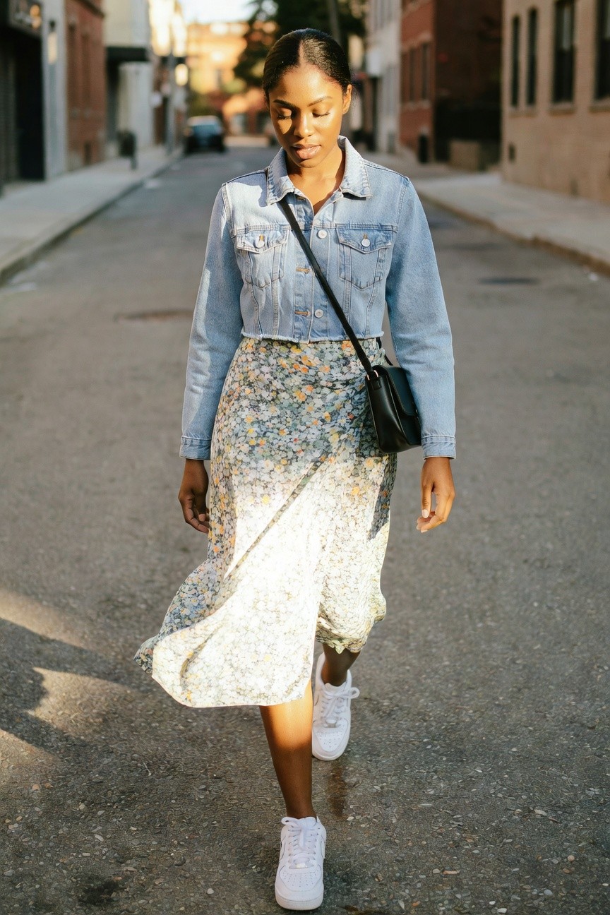 Denim Jacket Paired With A Floral Midi Skirt