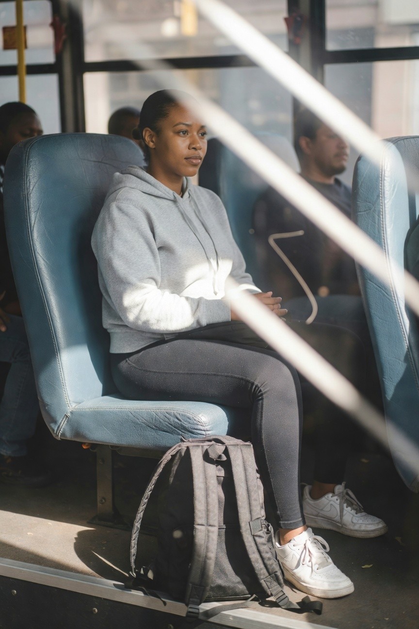Woman wearing oversized gray hoodie tucked slightly at the waist over black leggings with white sneakers and a gray backpack placed nearby.