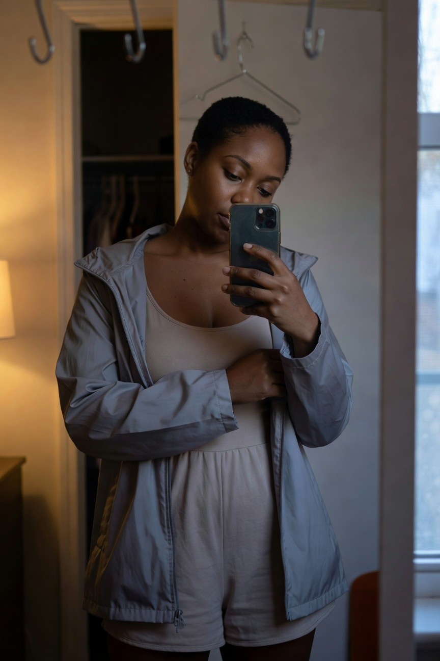 Hooded Jacket Over Neutral Shorts Set