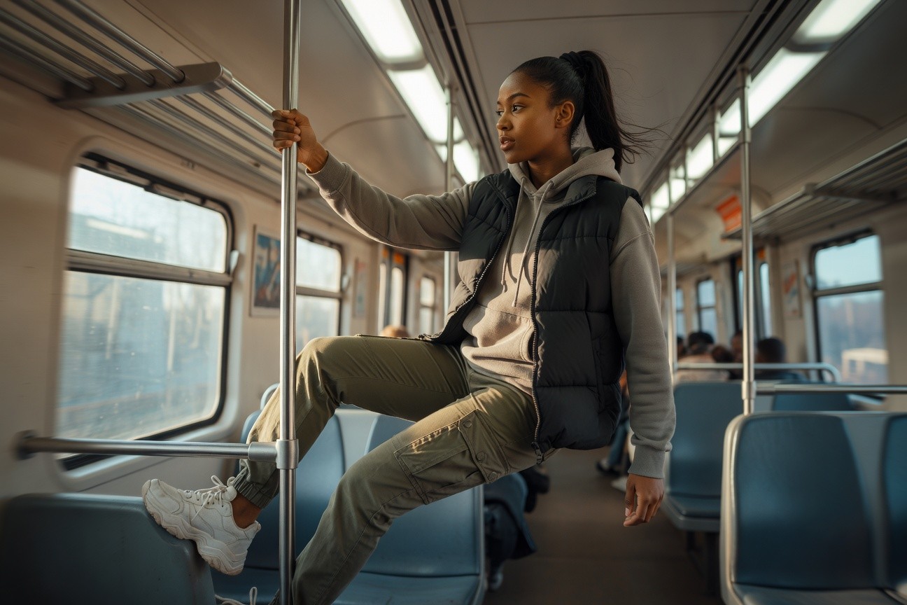Hoodie Layered With A Black Vest And Olive Pants
