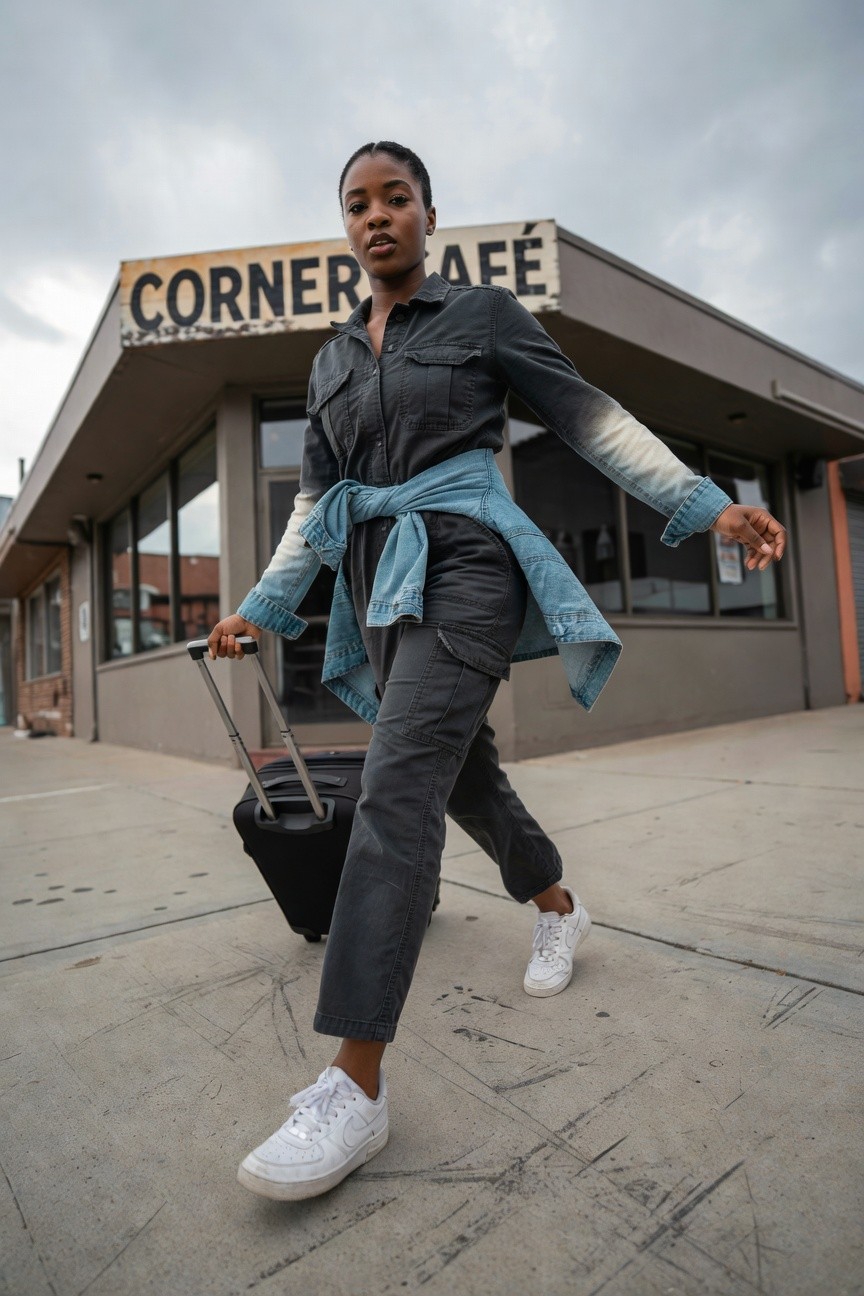 Utility Jumpsuit With A Denim Shirt Layer