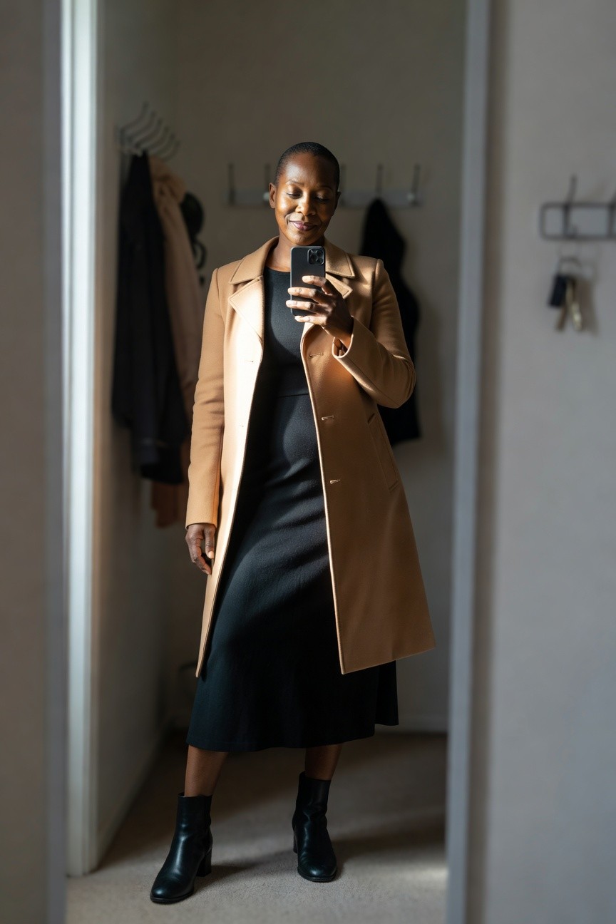 A Black woman in a long camel coat over a black midi dress with black ankle boots taking a mirror selfie indoors.