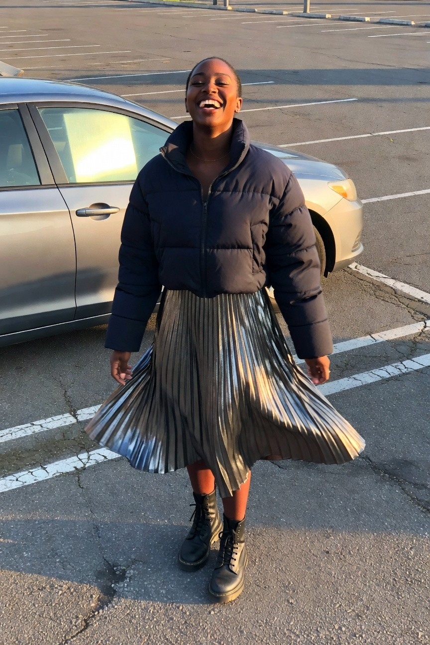 Cropped Navy Puffer And Metallic Pleated Skirt