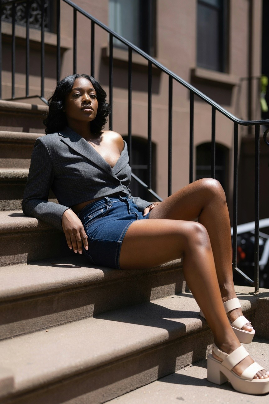 Cropped Pinstripe Blazer And Denim Mini Skirt